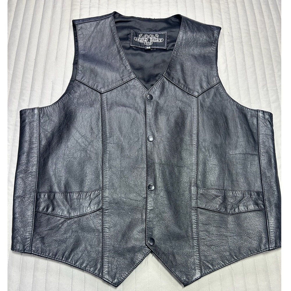 VTG Leather Gallery Mens Black Leather Motorcycle Vest Western Biker Snap 46 XL
